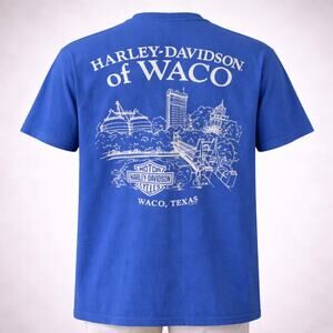 Vintage Y2K Harley Davidson Waco Texas Blue SS Graphic Shirt Tee XL